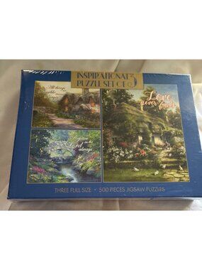 Inspirational 3-Puzzle Set With 500 Pieces Each Featuring Cottage & Nature Scene